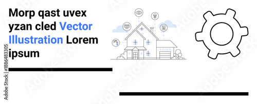 Home automation, IoT, smart devices, technology, efficiency, mechanics. Diagram of a smart home with a connected system and a gear icon. Home automation and IoT application concept