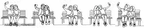 line art of a two little kids taking a selfie together on a park bench