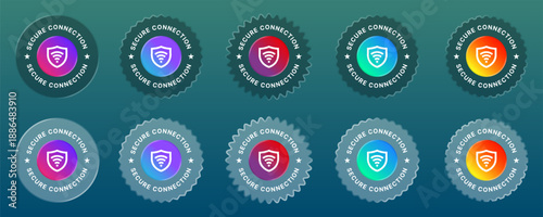 secure connection. Set of badges, icons, stamps with liquid glass style