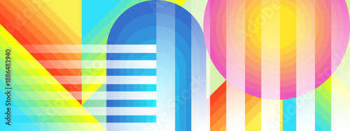 Colorful multi-color background featuring striped arches and circular sun-like elements in a bright prismatic geometric style