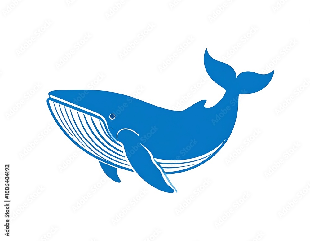 Obraz premium A blue whale silhouette on a white backdrop, with gills depicted with curved lines, tail lifted upwards