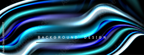 Abstract fluid shapes, vibrant blues, purples, whites create dynamic background. Text reads background design. Smooth gradients dominate composition.