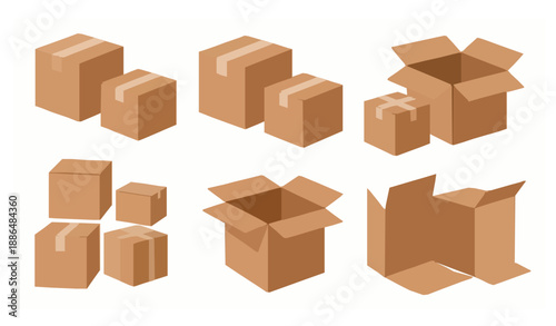 Brown cardboard packaging box flat vector illustration set isolated on white