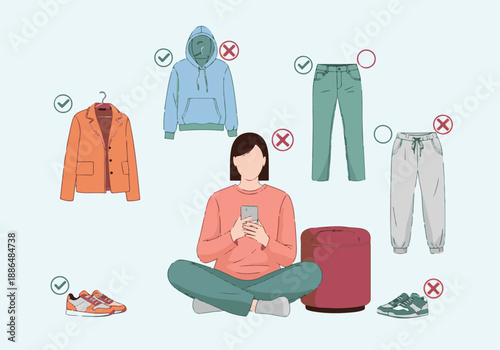 Woman making fashion choices on smartphone, selecting outfit with checkmarks