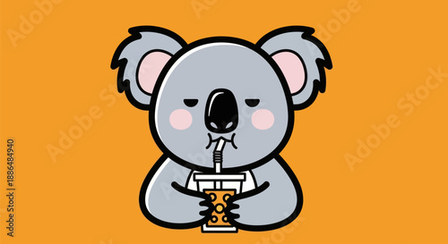 Cartoon koala drinking beverage orange background