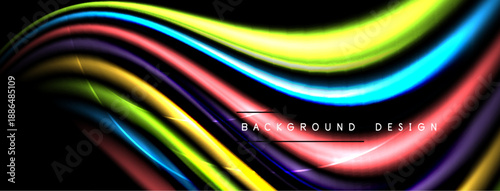 Abstract colorful waves flow across black background. Bright lines create dynamic, modern visual effect. Smooth gradients enhance design.