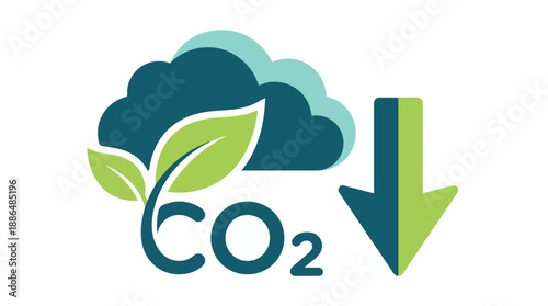 Photos CO2 reduction symbol with green leaves, clouds, and down arrow
