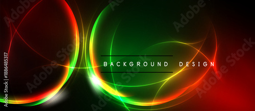 Abstract neon lights create dynamic curves, vibrant colors against dark backdrop. Modern design element for digital projects.