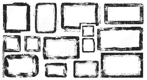 A collection of distressed, grunge-style rectangular frames with rough, textured borders, presented on a white background.