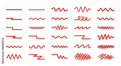 A collection of various red line drawings, including straight lines, zigzags, waves, and scribbles, presented in a grid format.