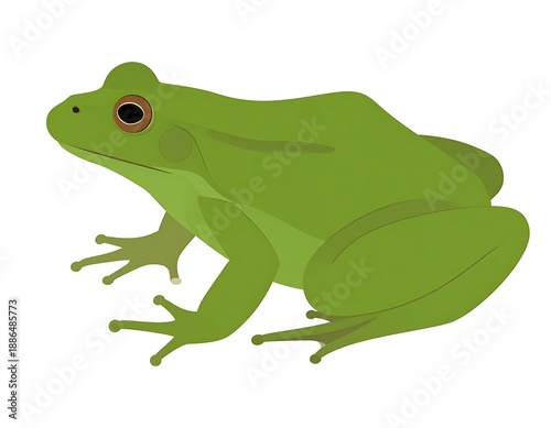 A vibrant green frog with brown eyes, depicted in a simple, flat vector style against a plain white backdrop