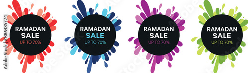 Colorful paint splash Ramadan sale up to 70 percent badge vector illustration set
