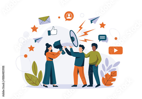 Group making announcement with megaphone and social media marketing icons