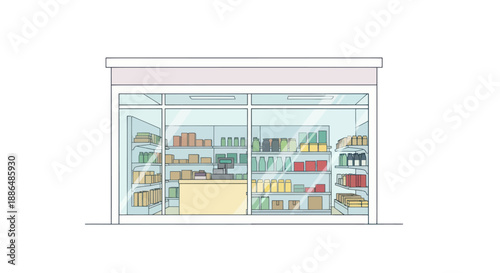Storefront with Glass Windows and Shelves Filled with Products.
