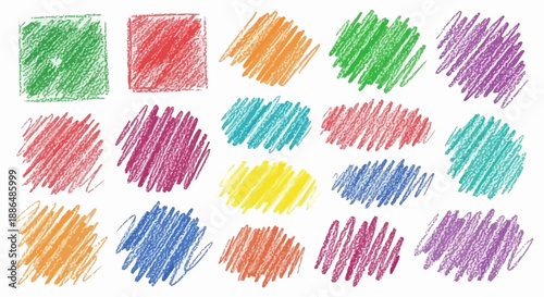 A collection of colorful scribbled shapes and squares drawn with colored pencils on a white background.