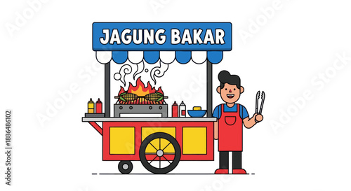 Illustration of a street food vendor selling grilled corn with a cart.