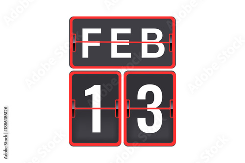 13 February calendar single day, week vector, illustration icon. Red, gray, black, and white color background calendar page vector for of the month January 13