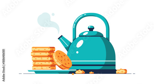 Steaming Teal Kettle with Stacked Cookies and Crumbs.