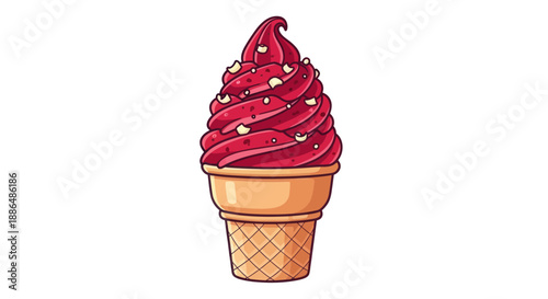 Vibrant red soft serve ice cream with white sprinkles in a wafer cone illustration.