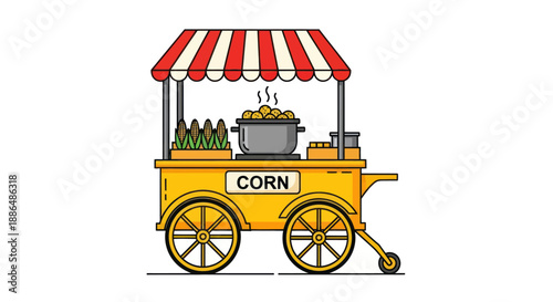 Vibrant yellow corn cart with striped awning and steaming pot.