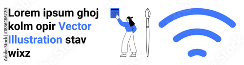 Creative work, digital workflows, connectivity, online communication, technology, productivity. Woman working with tablet, brush and wireless icon. Digital workflows and connectivity concept