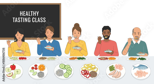 A diverse group of people attending a healthy food tasting and nutrition class illustration.