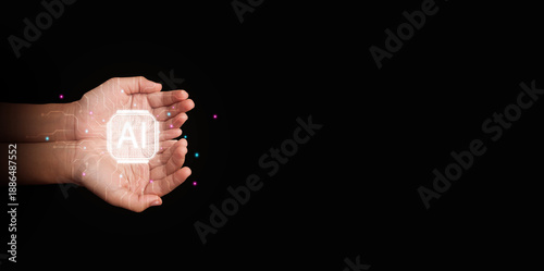 Photos Child hands holding a glowing AI CPU icon on dark background