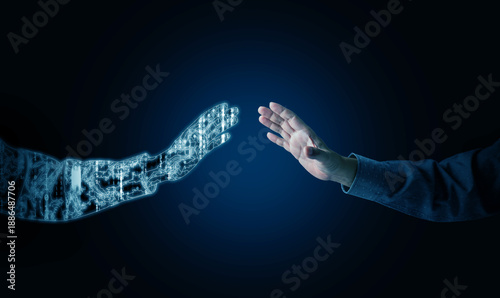 Concept of human and digital twin interaction under futuristic blue light, representing AI cooperation, smart technology, and digital transformation in modern innovation.