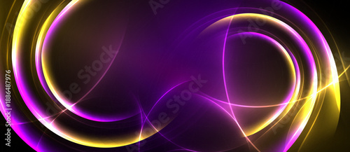 Abstract design features glowing curves, vibrant purple, gold hues. Dynamic composition creates energy, visual interest. Smooth gradients dominate.