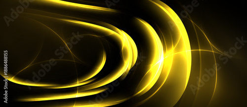 Abstract golden lines swirl, creating dynamic light effect against dark background. Brightness emphasizes curves, forms elegant design.