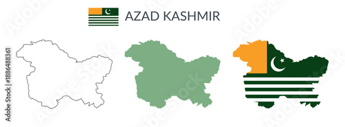 Azad Kashmir geographical borders isolated on white background. Flag of Azad Kashmir. Vector flat cliparts.