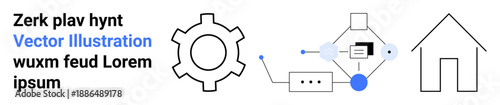 Gear icon, abstract flowchart, lines, dots, house outline represent development, automation, home systems. Ideal for technology, innovation connectivity software planning automation simple