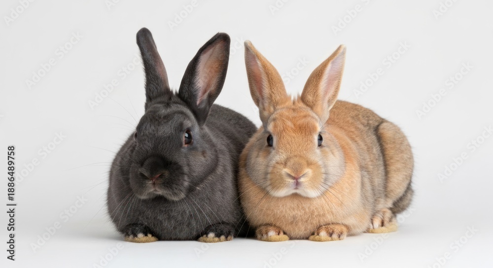 Fototapeta premium Two fluffy bunnies, one gray and one tan, sit close together on a white backdrop