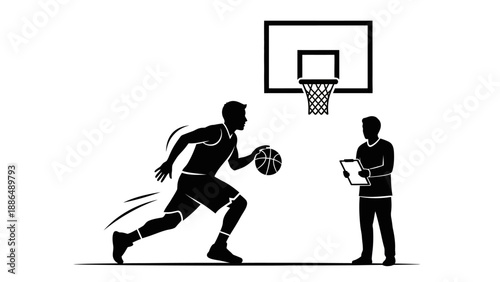 Basketball player dribbling ball near coach with clipboard.