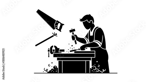 Carpenter working with hammer and saw on workbench.