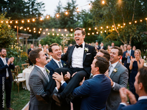 Groom being carried by friends at outdoor wedding reception with string lights overhead