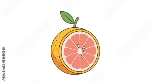 Vibrant Cartoon Grapefruit Illustration with Cross-Section Slice and Green Leaf.