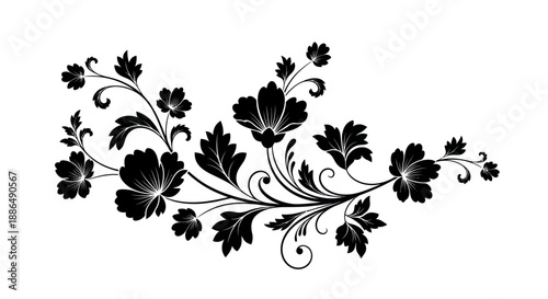 Elegant Black Floral Swirl Ornament with Delicate Blossoms and Leaves.