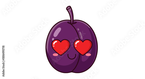 Adorable Purple Cartoon Plum Character with Red Heart Eyes.