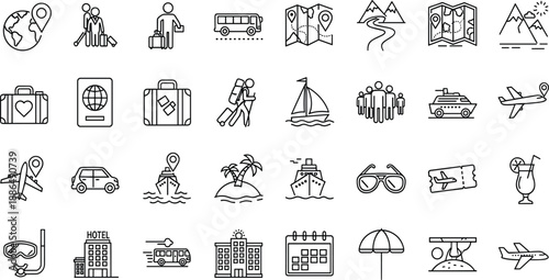 Set of travel icons, vacation symbols, tourism elements, luggage, passport, transportation, hotel, beach, mountain, adventure, and holiday planning outline vector collection (21 words)