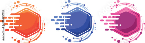 Dynamic colorful layered hexagon brush stroke vector illustration set for modern graphic design