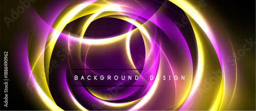 Abstract design features concentric circles, vibrant purple, gold hues. Dynamic curves create luminous effect, modern aesthetic.