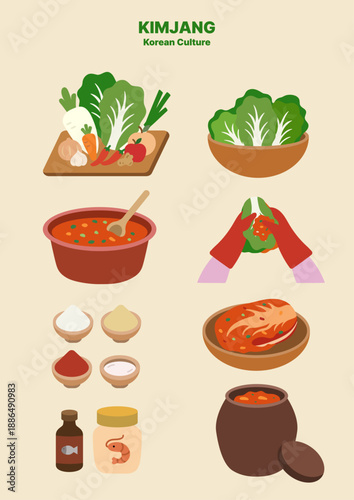 Illustration Set of Traditional Korean Kimchi Making Process and Ingredients Gimjang