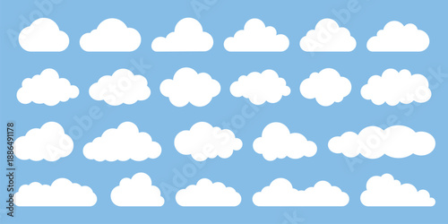 Set of white cloud icons on blue background. Cloud shapes vary in size and form. Cloud icons are simple and white. Blue sky with white cloud icons. Weather illustration, vector set.