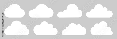 Eight white cloud icons on a gray background. Cloud shapes vary, creating a simple cloud pattern. Cloud icons are uniform, emphasizing cloud design. Weather illustration, vector set.