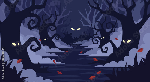 Vector illustration of a spooky forest path with twisted trees and glowing eyes, capturing eerie night atmosphere for Halloween and fantasy horror themes in flat vector style