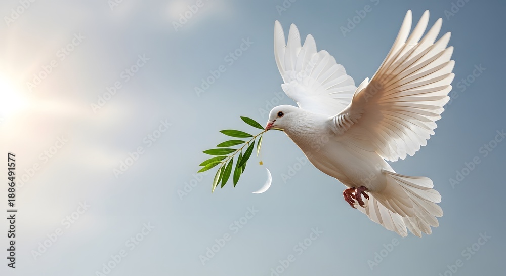 Fototapeta premium White dove flying with olive branch and crescent moon in beak against blue sky