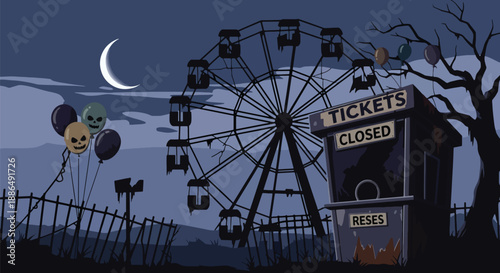 Vector illustration of an abandoned carnival at night with broken ferris wheel and eerie silence, perfect for spooky Halloween and mystery themes in flat vector style