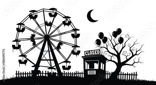 Vector illustration of an abandoned carnival at night with broken ferris wheel and eerie silence, perfect for spooky Halloween and mystery themes in flat vector style