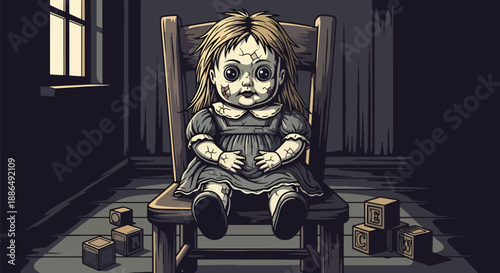 Vector illustration of a creepy doll sitting alone in a dark room, creating an unsettling horror mood while remaining playful and microstock-safe in flat vector style